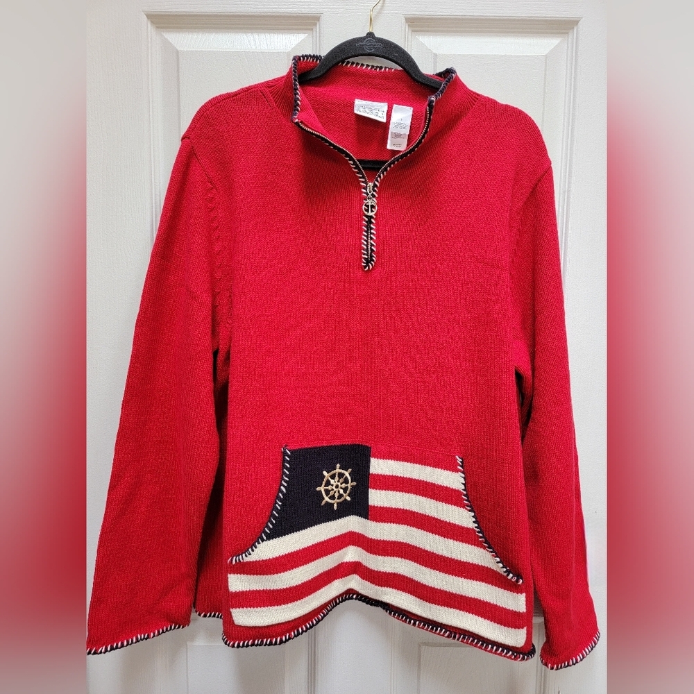 Liz Claiborne Red Half-Zip Sweater with Nautical Pocket